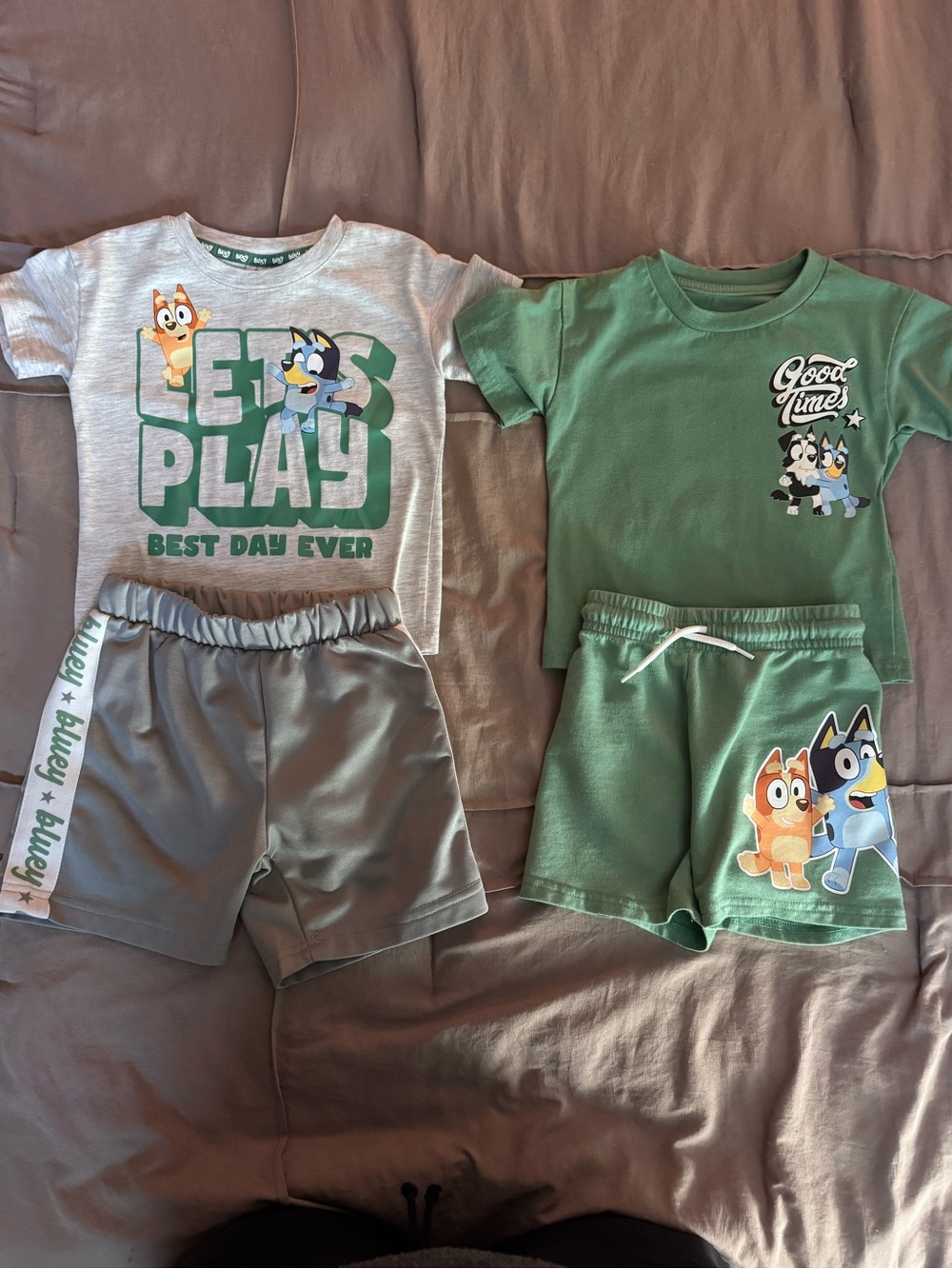 Kids Bluey Sets - Green & Gray 'Let's Play' Short Sleeve and good times solid